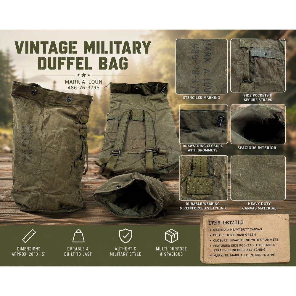 Vintage US Military Olive Drab‎ Canvas Duffle Bag Backpack Sea Bag Stenciled